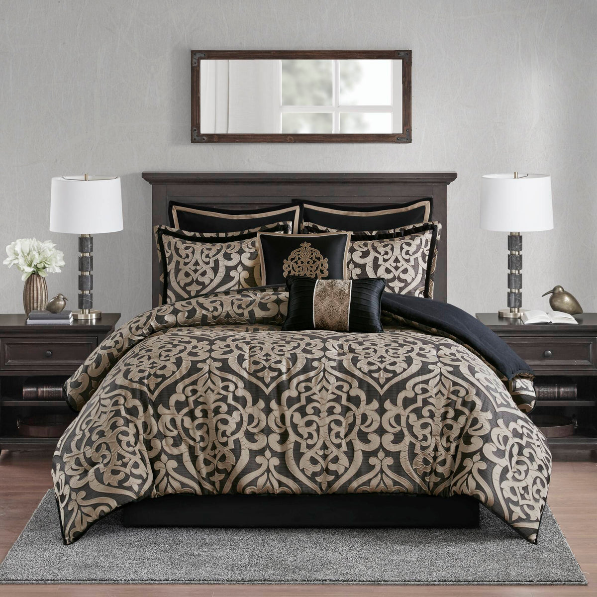 Odette 8 Piece Jacquard Comforter Set - Black