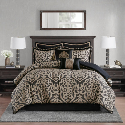 Odette 8 Piece Jacquard Comforter Set - Black