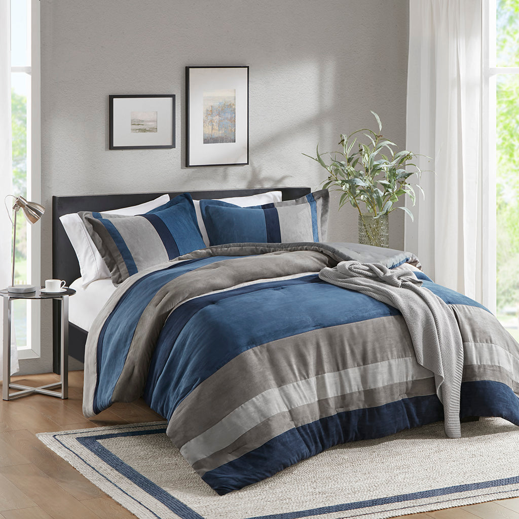 Highland Stripe Pieced Faux Suede Comforter Set - Blue