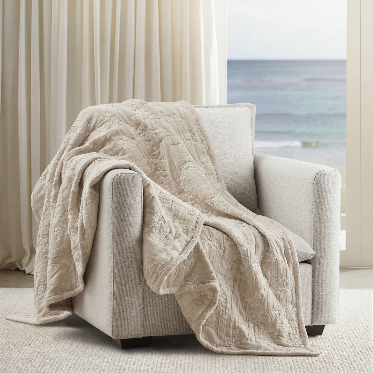Catalina Botanical Cotton Jacquard Throw - Linen