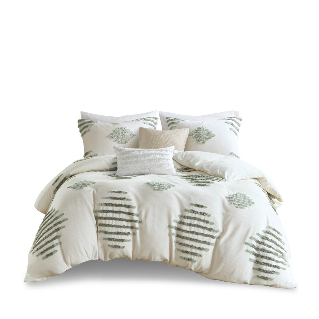 Tahli 3 Piece Cotton Blend Chenille Duvet Cover Set - Green/Ivory