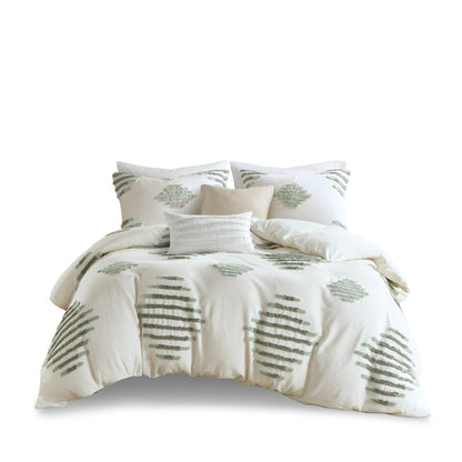 Tahli 3 Piece Cotton Blend Chenille Duvet Cover Set - Green/Ivory