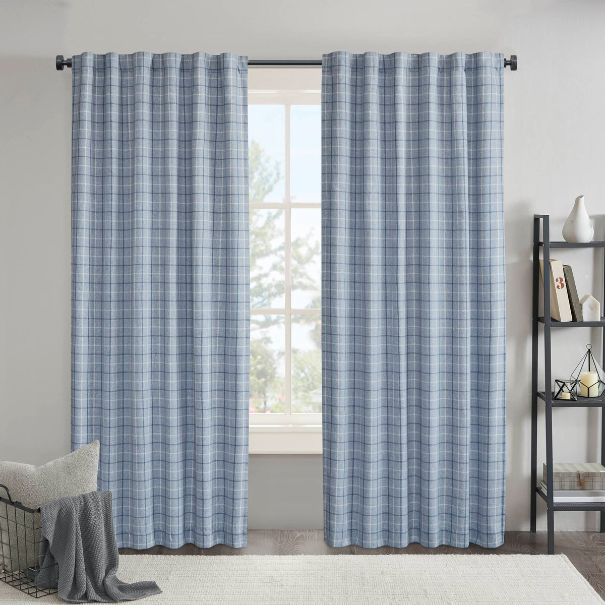 Anaheim Plaid Rod Pocket and Back Tab Curtain Panel with Fleece Lining - Denim Blue
