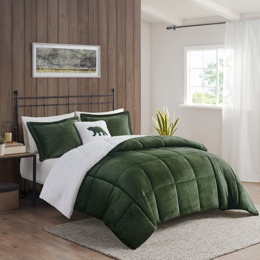 Alton Plush to Sherpa Down Alternative Comforter Set - Green/Ivory