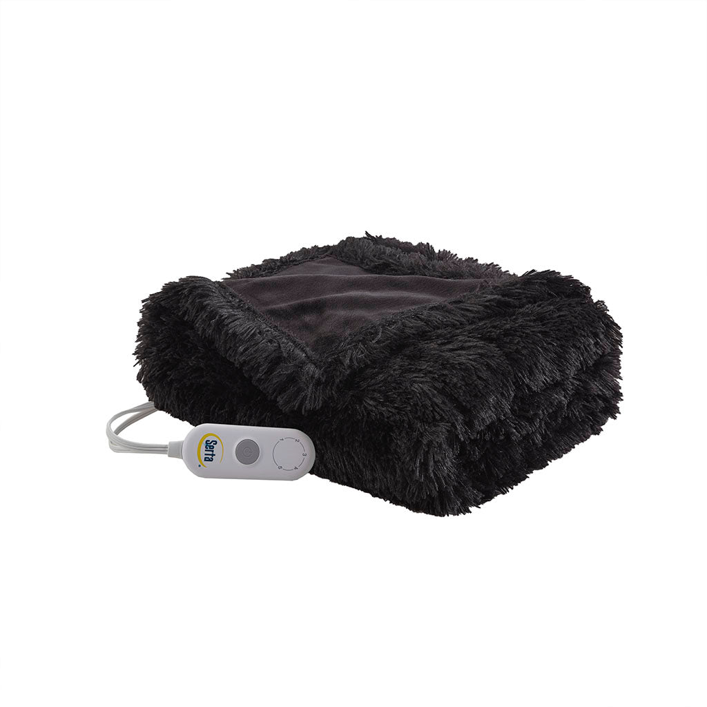 Malea Shaggy Faux Fur Heated Throw - Black