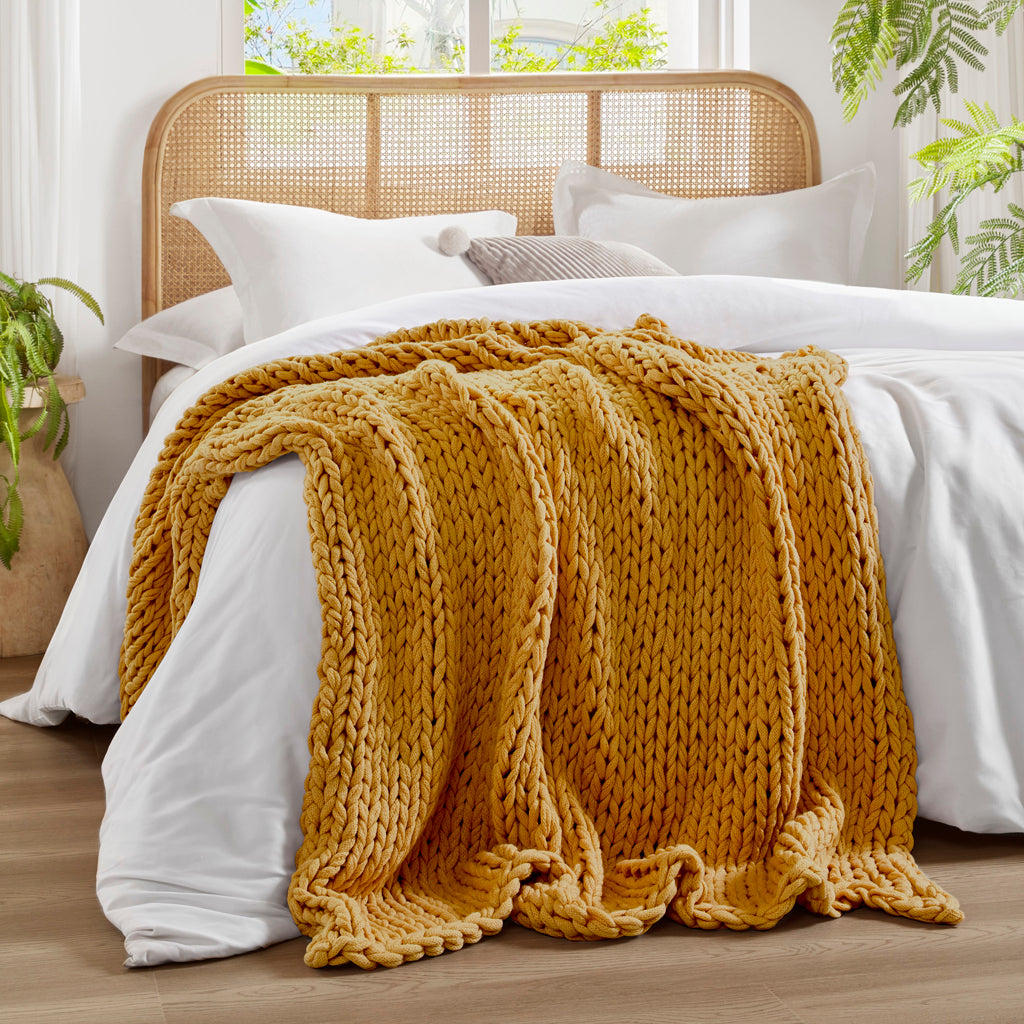 Chunky Double Knit Handmade Throw Blanket - Yellow
