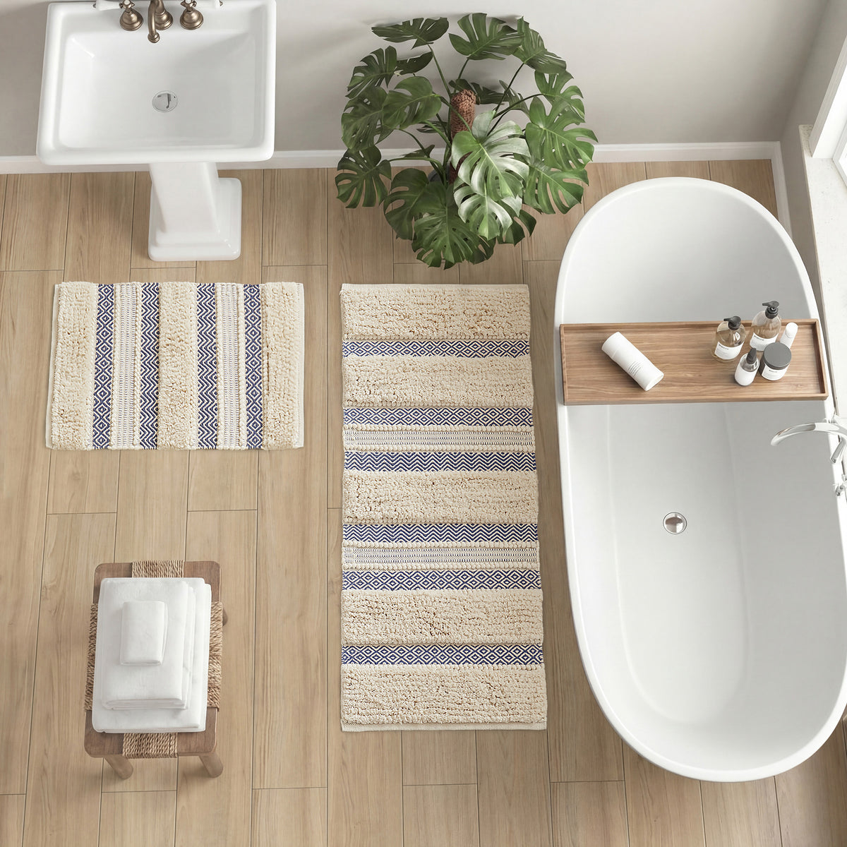Asher Woven Texture Stripe Bath Rug - Navy