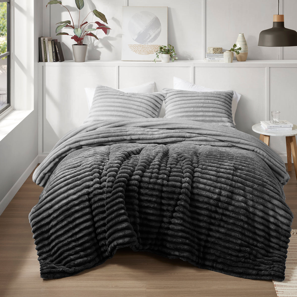 Avril Fluffy Ribbed Plush Comforter Set - Grey Ombre