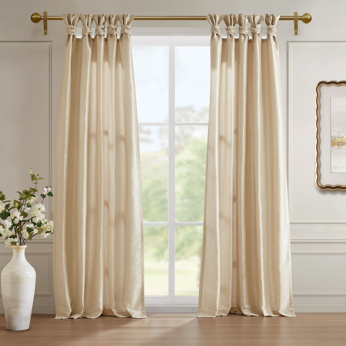 Emilia 100% Polyester Solid Faux Silk Lined Twist Tab Window Curtain - Champagne