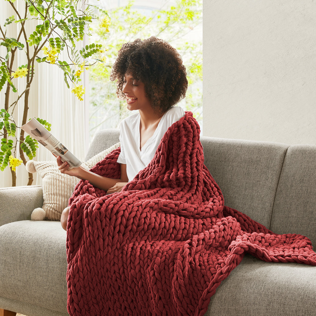 Chunky Double Knit Handmade Throw Blanket - Red