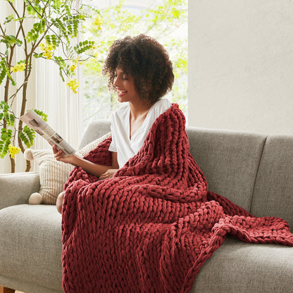 Chunky Double Knit Handmade Throw Blanket - Red