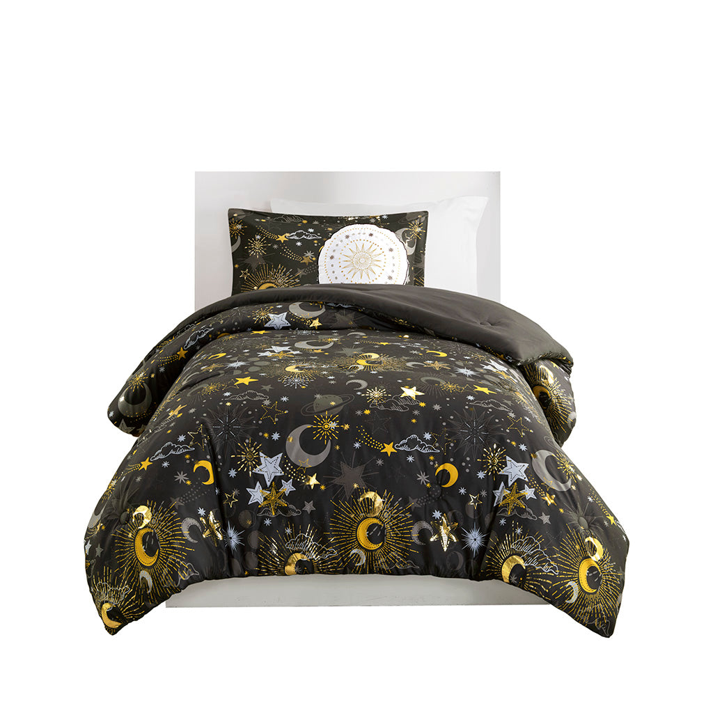 Celia Starry Sky Metallic Comforter Set with Throw Pillow - Charcoal/Gold