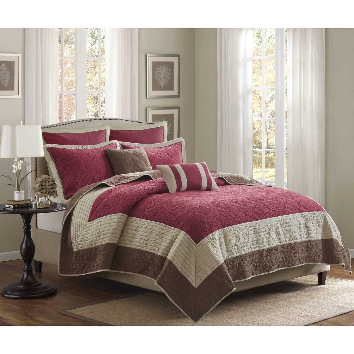 Attingham 7 Piece Quilt Set with Euro Shams and Throw Pillows - Red