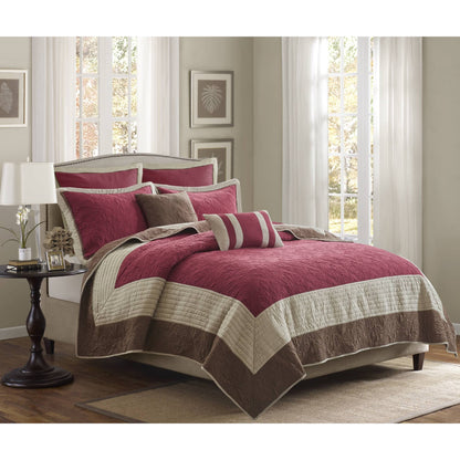 Attingham 7 Piece Quilt Set with Euro Shams and Throw Pillows - Red