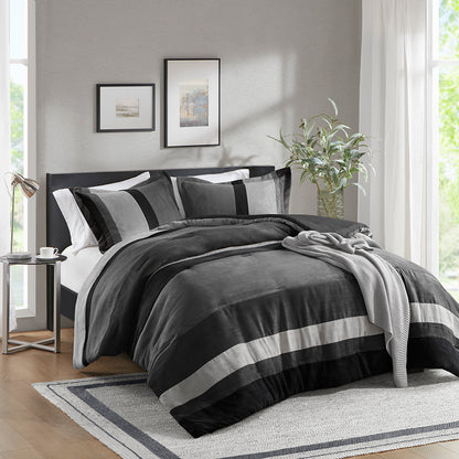 Highland Stripe Pieced Faux Suede Comforter Set - Black