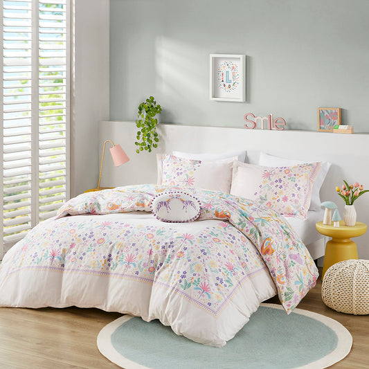 Lulu Floral Reversible Cotton Duvet Cover Set with Throw Pillow - Purple