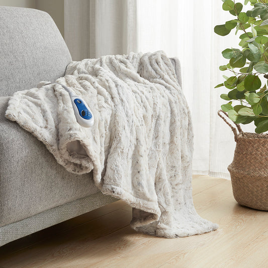 Zuri Oversized Faux Fur Heated Throw - Snow Leopard