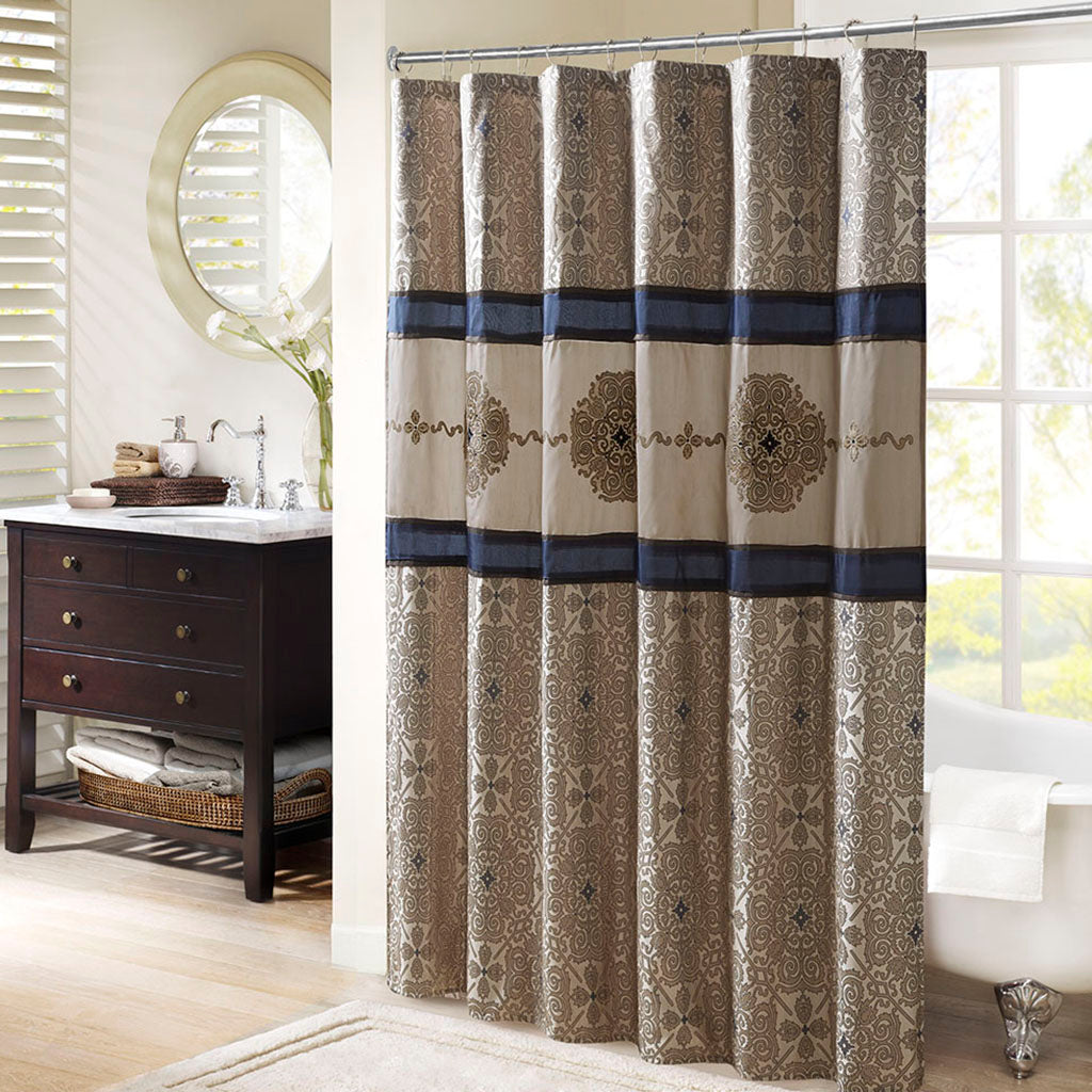 Donovan Embroidered Shower Curtain - Navy