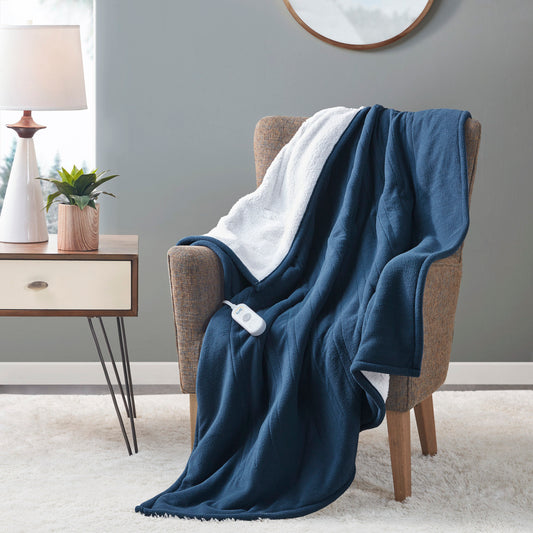 Fleece to Sherpa Heated Throw - Blue