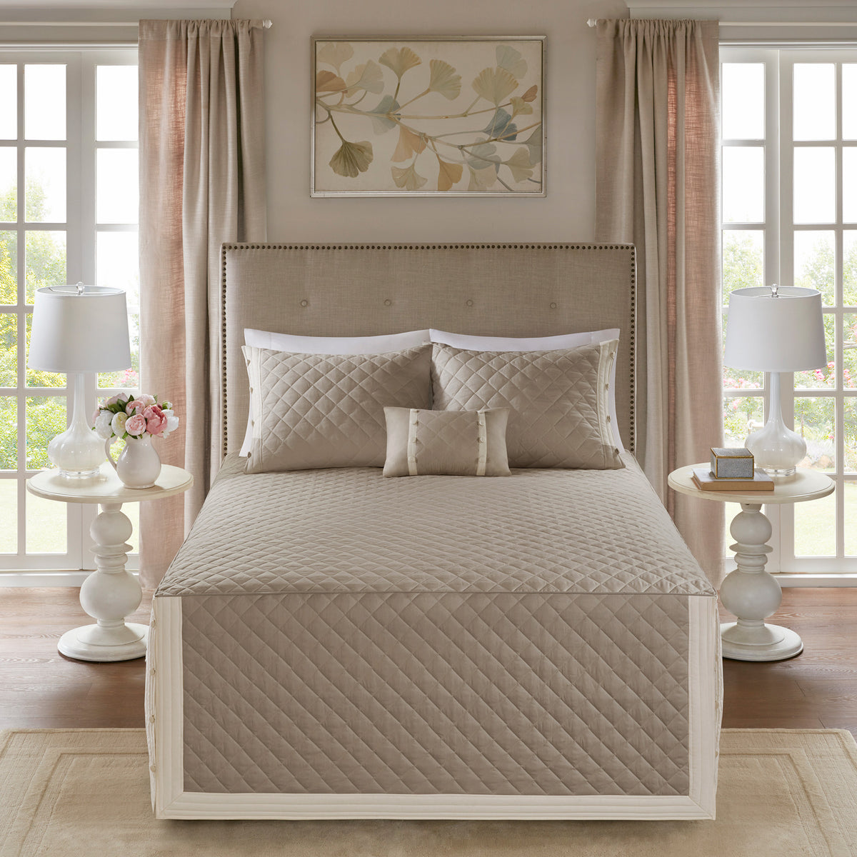 Breanna 4 Piece Cotton Reversible Tailored Bedspread Set - Khaki