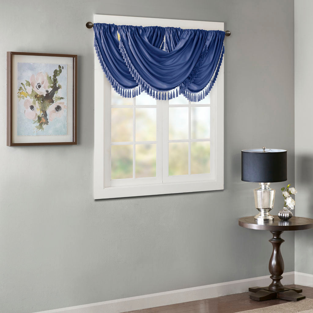 Elena Faux Silk Waterfall Embellished Valance - Navy