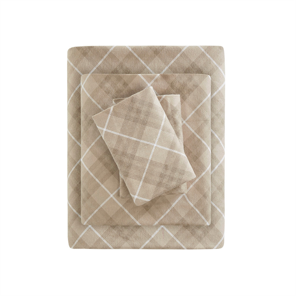 Cozy Cotton Flannel Printed Sheet Set - Tan Plaid