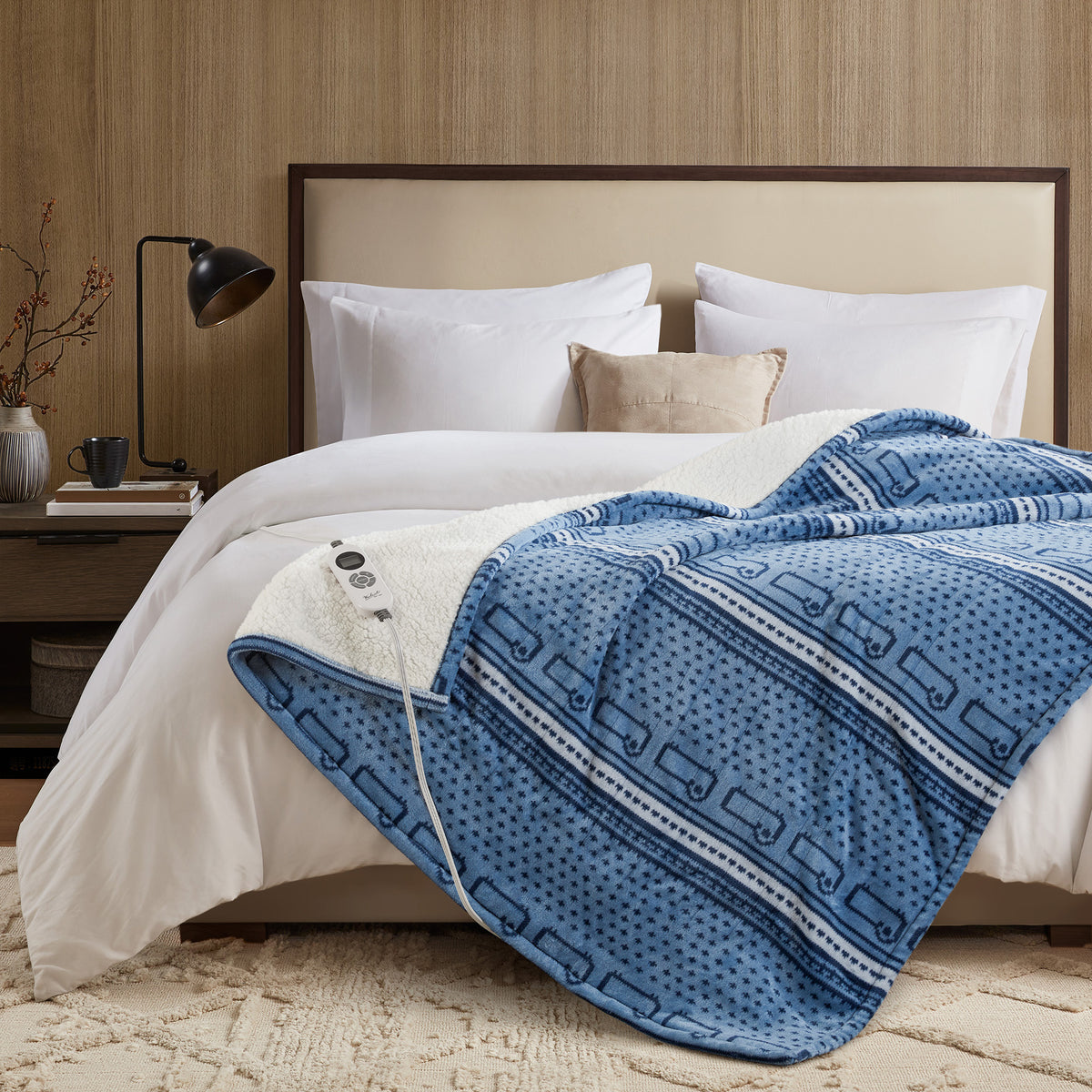 Print Plush to Sherpa Heated Throw - Blue Cozy Sheep