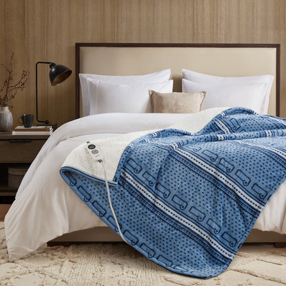 Print Plush to Sherpa Heated Throw - Blue Cozy Sheep