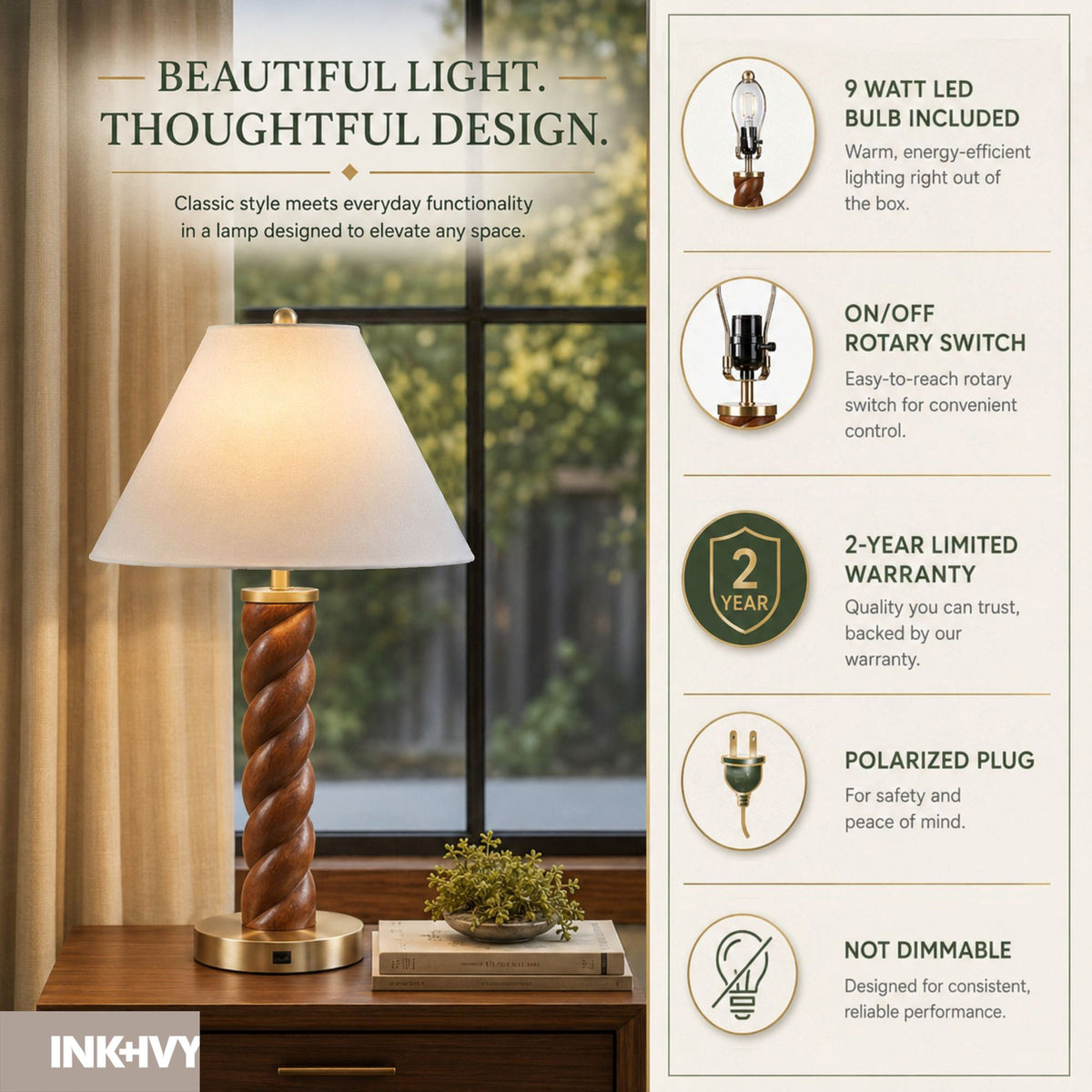 Helixia Twisted Faux Wood Table Lamp with USP C Port - Brown