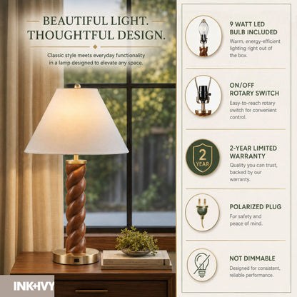 Helixia Twisted Faux Wood Table Lamp with USP C Port - Brown