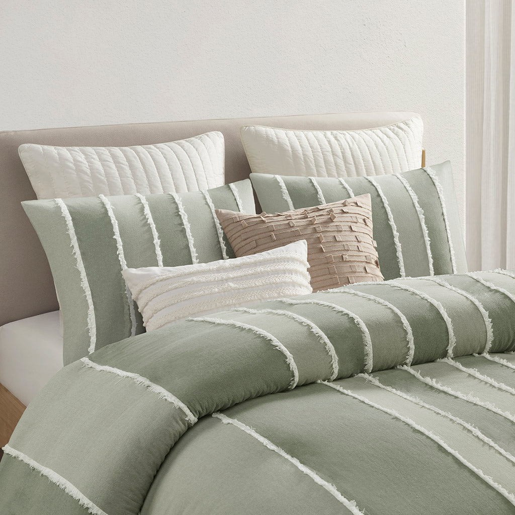Shay 3 Piece Striped Cotton Duvet Cover Set - Sage