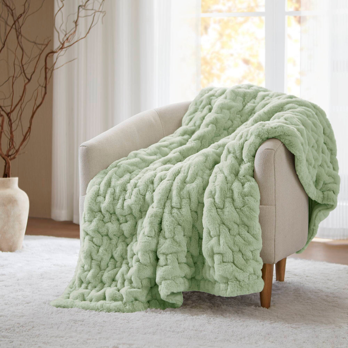 Ruched Fur Throw - Sage Green