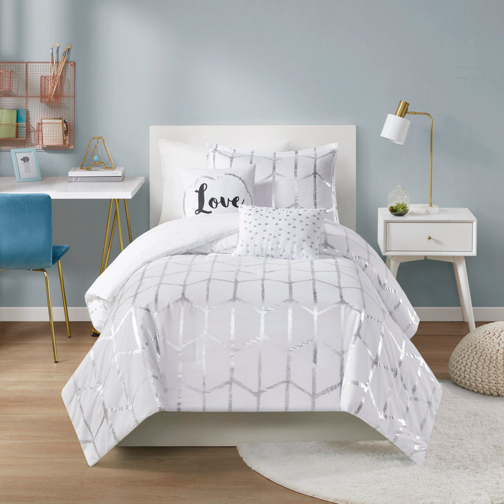 Raina Metallic Printed Comforter Set - White/Silver