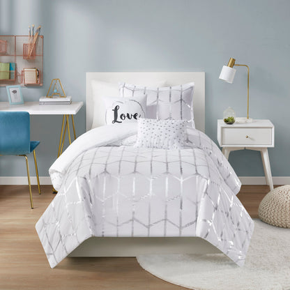 Raina Metallic Printed Comforter Set - White/Silver