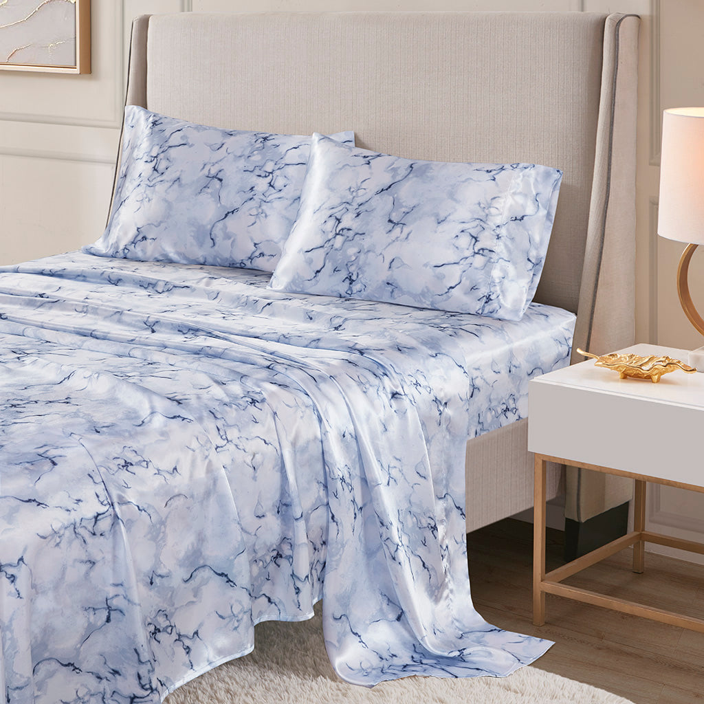 Printed Satin Sheet Set - Blue Marble