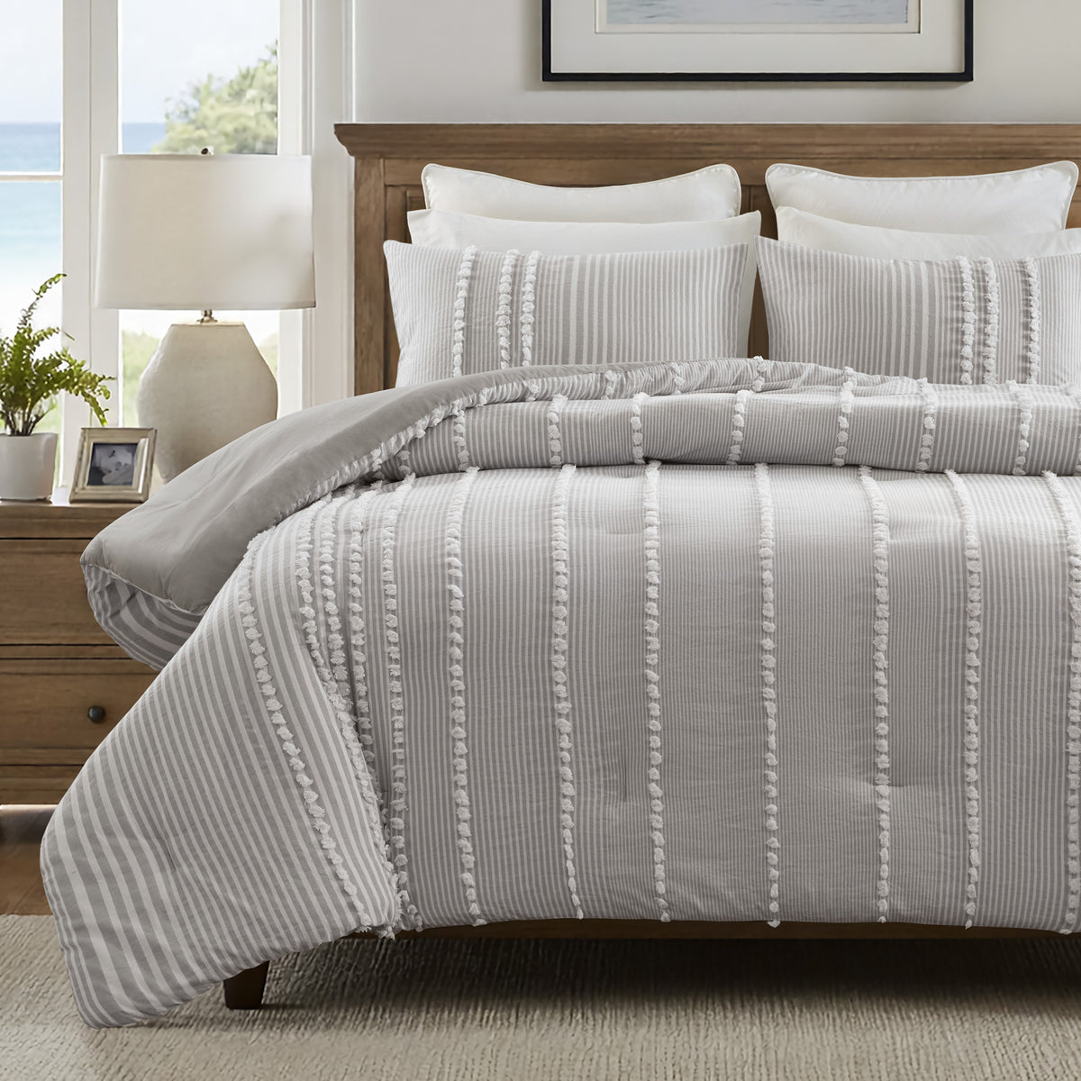 Anslee 3 Piece Cotton Yarn Dyed Comforter Set - Grey