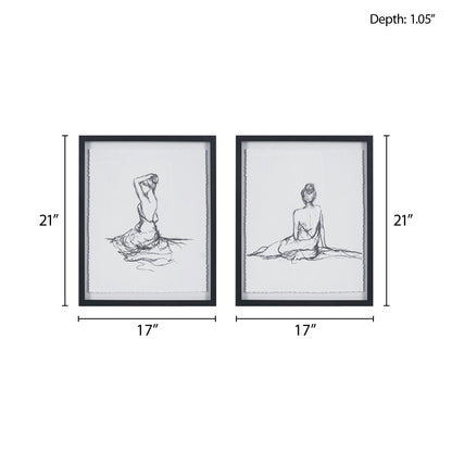 Feminine Figures Sketch 2-piece Framed Glass and Matted Wall Art Set - Black/White