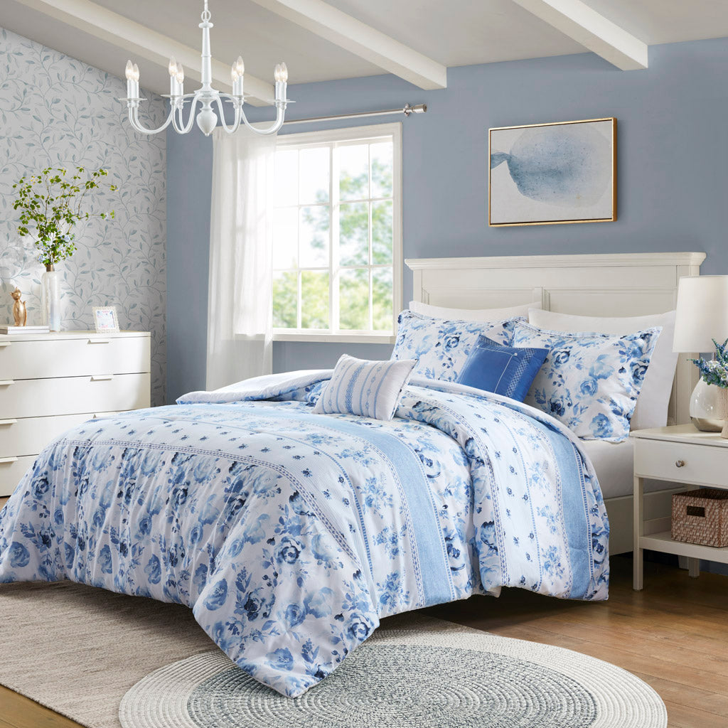 Christa Floral Striped Comforter Set - Blue