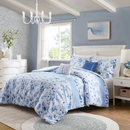 Christa Floral Striped Comforter Set - Blue