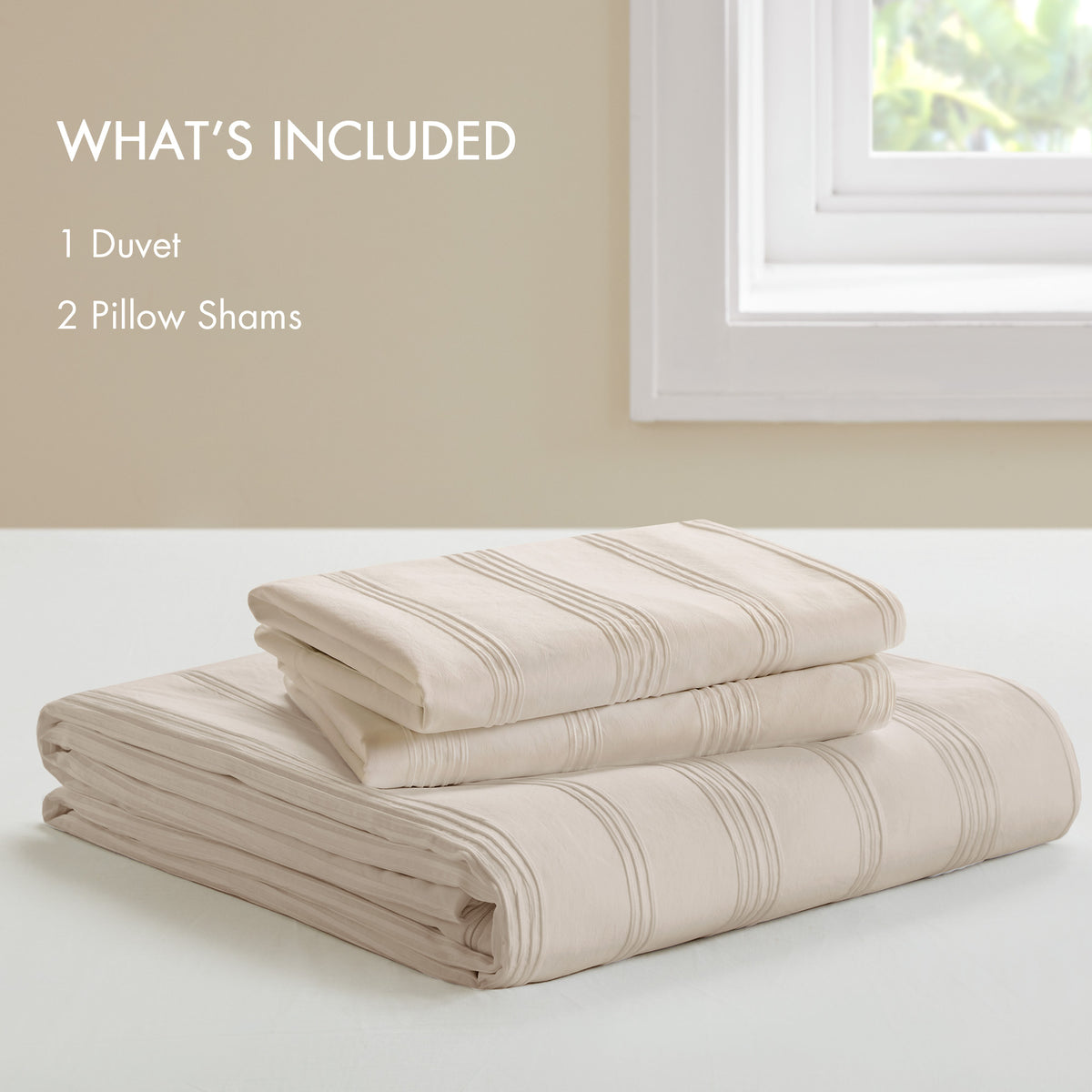 Logan Striped Reversible Pintuck Pleated Duvet Set - Neutral