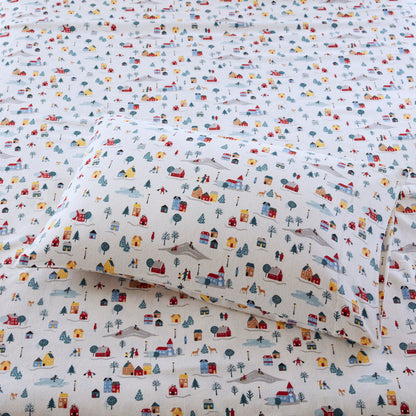 Cozy Cotton Flannel Printed Sheet Set - White Village Print