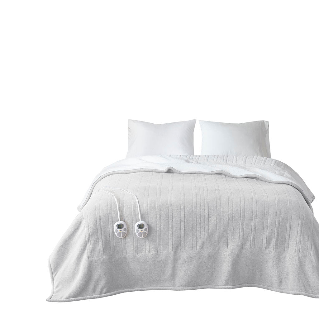 Fleece to Sherpa Heated Blanket - Light Grey