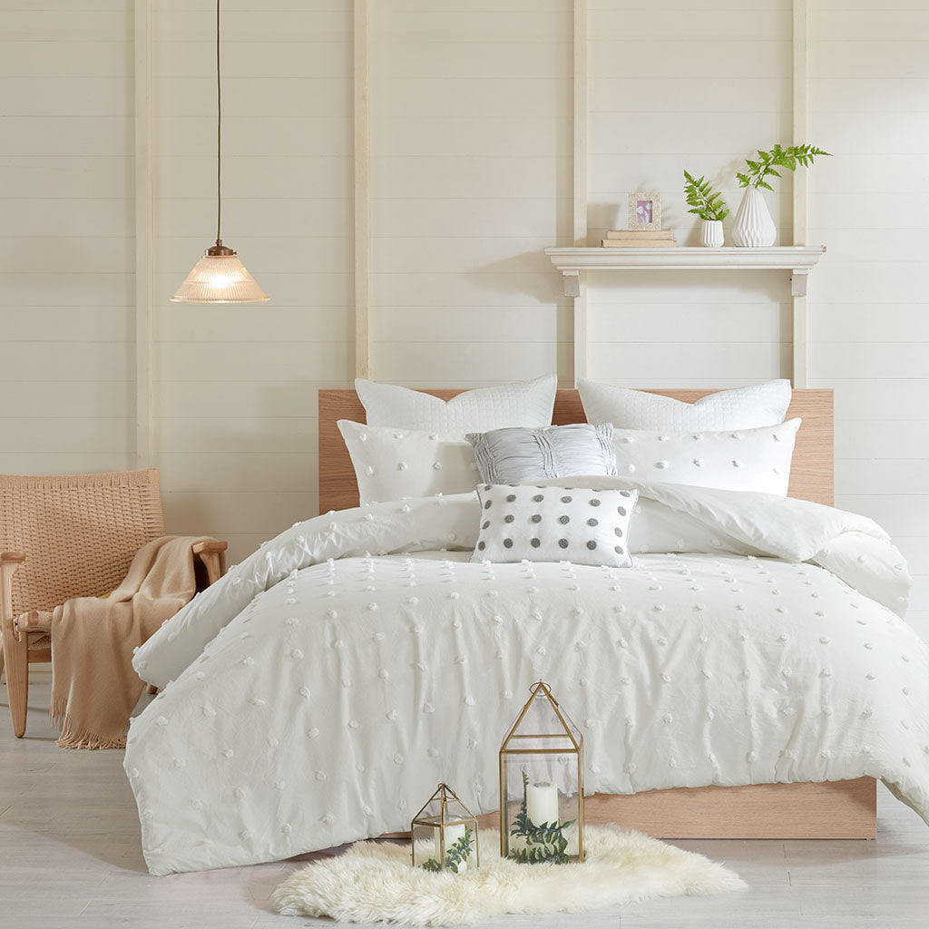 Brooklyn Cotton Jacquard Duvet Cover Set with Euro Shams and Throw Pillows - Ivory
