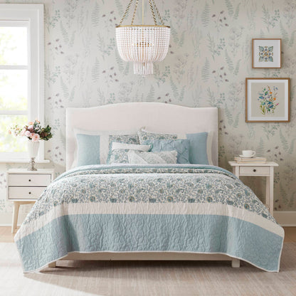 Dawn 6 Piece Cotton Percale Quilt Set with Throw Pillows - Aqua