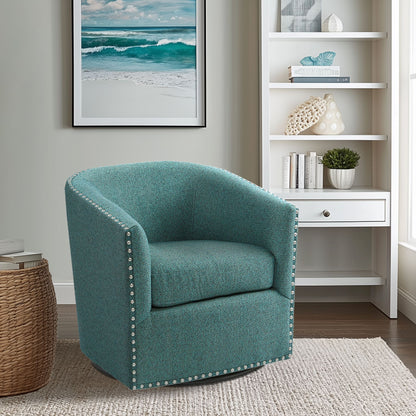 Tyler Upholstered Swivel Barrel Chair with Nailheads - Teal Multi