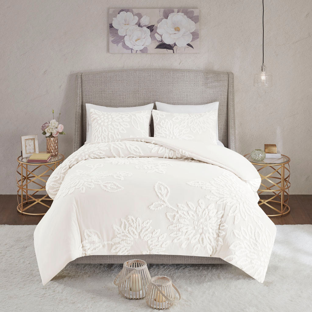 Veronica 3 Piece Tufted Cotton Chenille Floral Duvet Cover Set - Off-White