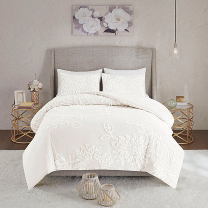 Veronica 3 Piece Tufted Cotton Chenille Floral Duvet Cover Set - Off-White