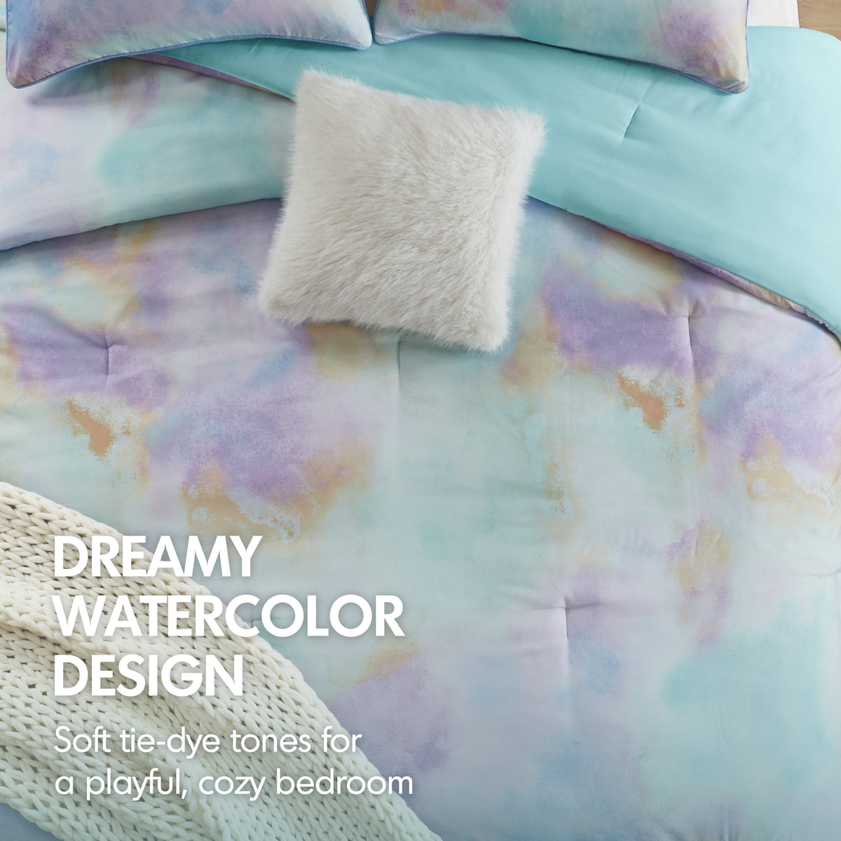 Cassiopeia Watercolor Tie Dye Printed Comforter Set with Throw Pillow - Aqua