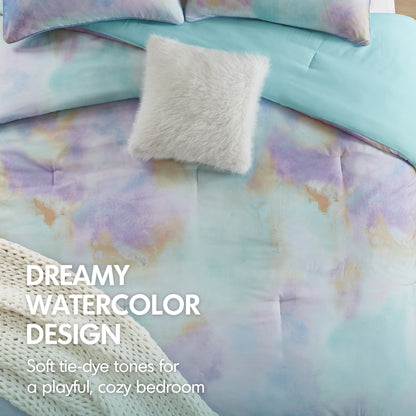 Cassiopeia Watercolor Tie Dye Printed Comforter Set with Throw Pillow - Aqua