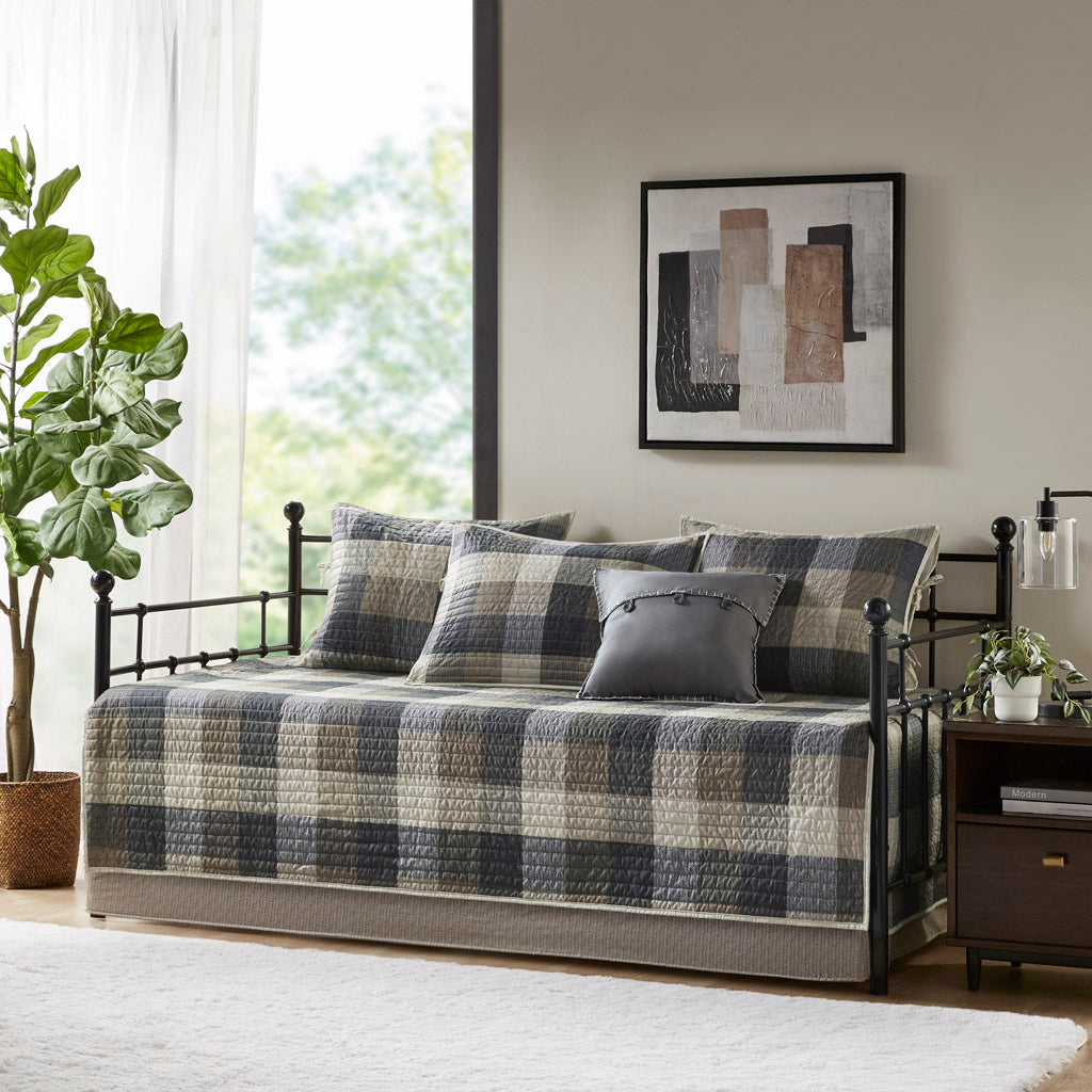 Ridge 6 Piece Reversible Plaid Daybed Cover Set - Neutral